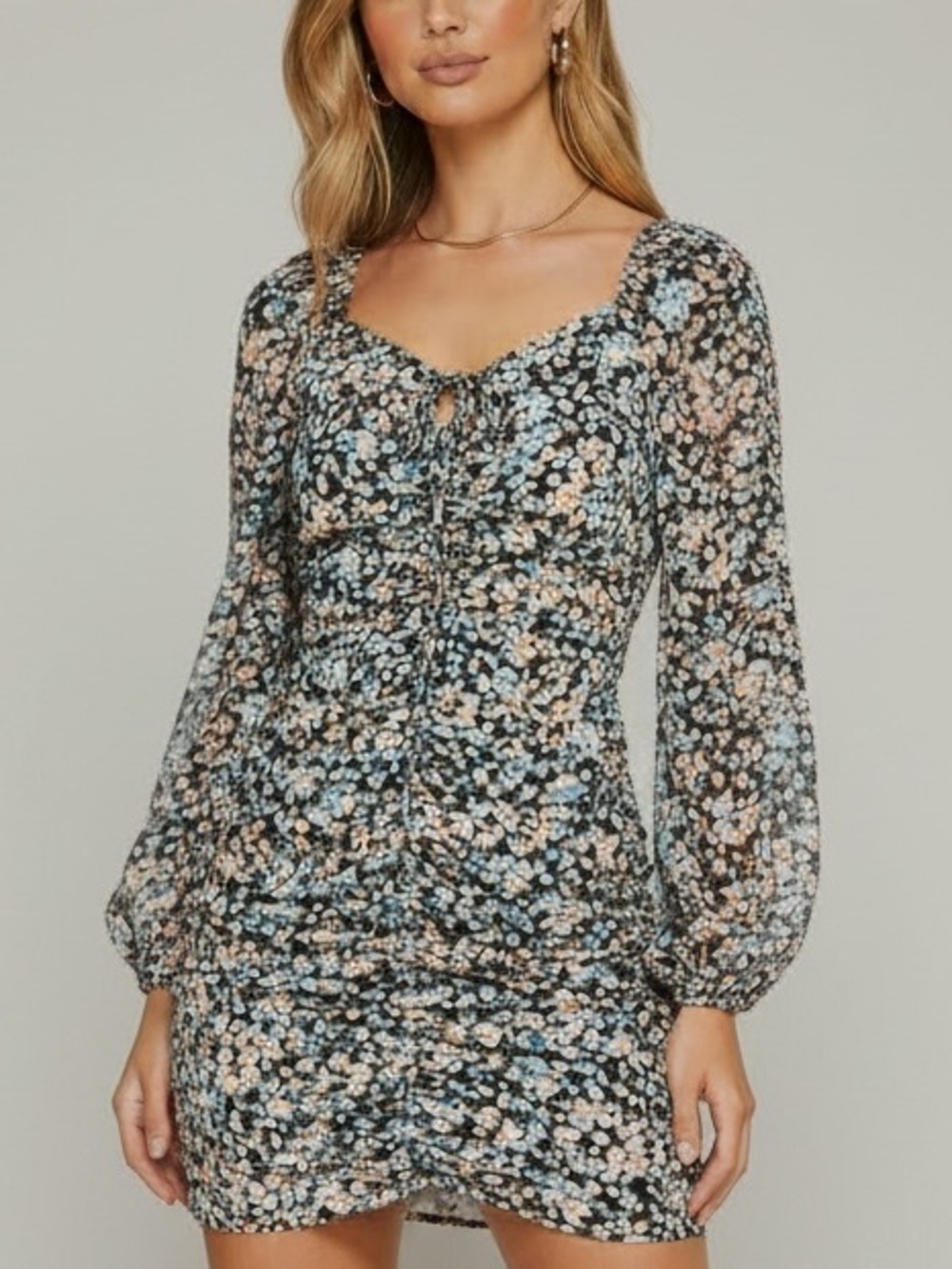 NWT FORE Long Sleeve Floral Back Zip Ruched Lined Mini Dress Size Small